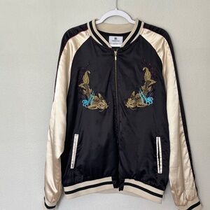 Standard Issue Embroidered Samurai Koi Fish Tokyo Bomber Jacket Cream Black Sz L
